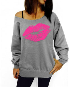 Oversized Sexy Casual Female Pullovers Printed Lip Off The Shoulder