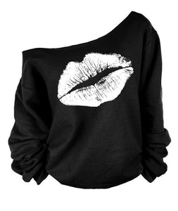Oversized Sexy Casual Female Pullovers Printed Lip Off The Shoulder