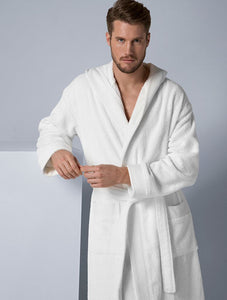 Men's White Turkish Cotton Hooded Terry Bathrobe