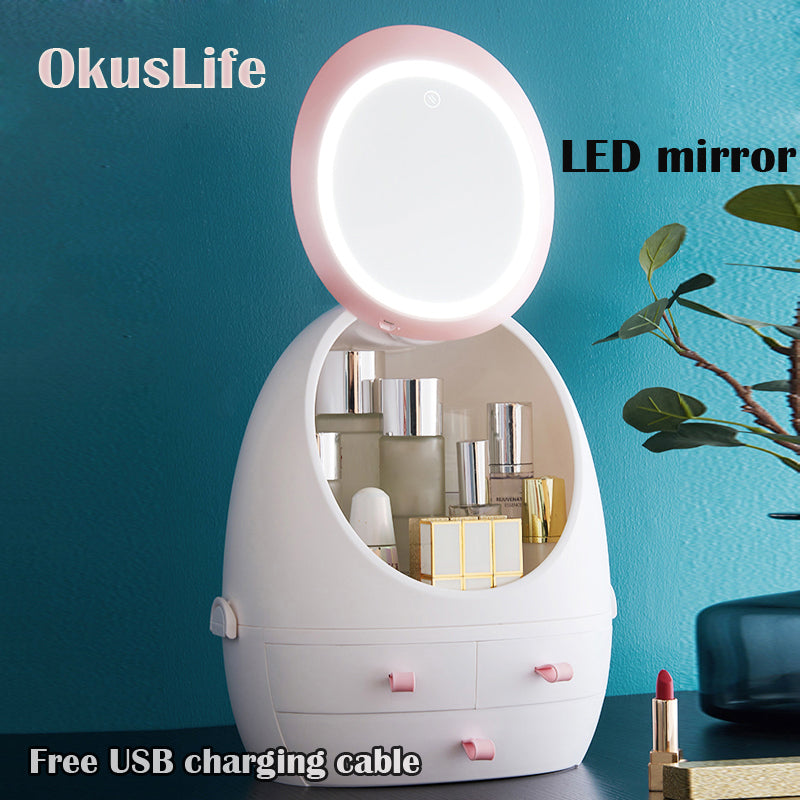 Portable Plastic Cosmetic Jewelry Organizer Box with LED Mirror Rechargeable shops