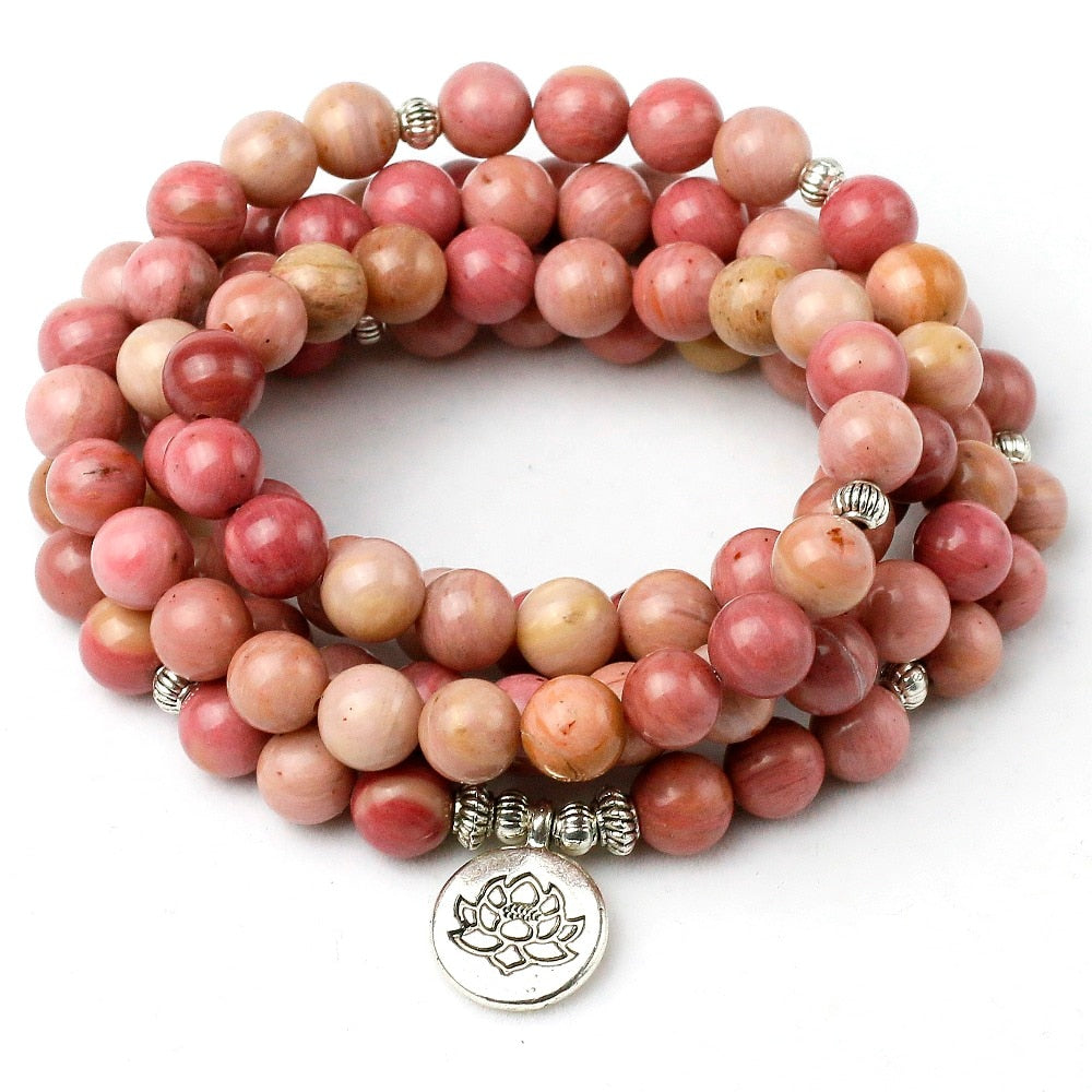 Natural Rhodochrosite Stone Beaded Buddha OM Mantra Lotus Bracelet/Necklace