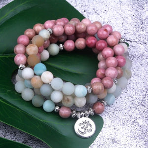 Natural Rhodochrosite W/Frosted Amazonite Beaded Bracelet/Necklace w/Lotus Buddha Yoga Charm
