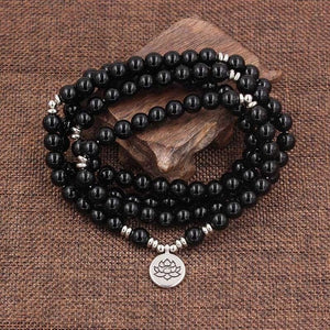 Mala Black Onyx Stone With Lotus OM Buddha Charm Yoga Bracelet/Necklace