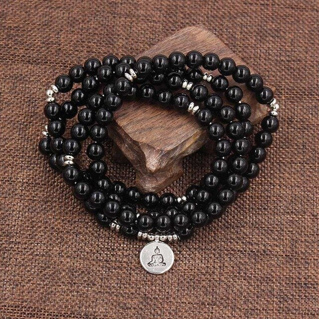 Mala Black Onyx Stone With Lotus OM Buddha Charm Yoga Bracelet/Necklace